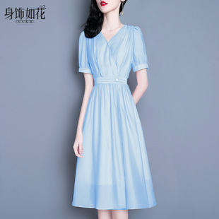2023夏季淑女装修身显瘦气质名媛a字裙中长款短袖蓝色连衣裙