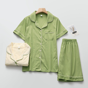 森系睡衣女短袖短裤纯棉日系开衫，绿色家居睡眠服可外穿薄款空调服