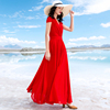 2024夏季大红色复古V领雪纺连衣裙短袖大摆长裙子海边度假裙