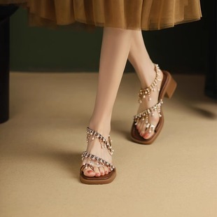 羊皮版~波西米亚，夹脚粗跟珍珠吊坠凉鞋，女夏季方头金色水钻罗马鞋