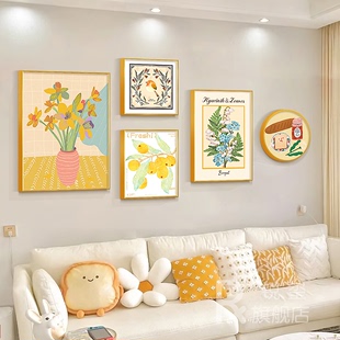 奶油风客厅装饰画小清新沙发，背景墙挂画现代轻奢ins抽象花卉壁画