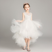 公主裙女童高端2024儿童，白色晚礼服洋气主持人钢琴演奏演出服