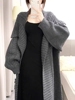 高级感灰色毛衣针织外套女秋冬气质日系大翻领慵懒复古中长款开衫