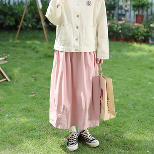 艺野系粉色半身裙女日系小个子，工装裙高腰，a字显瘦花苞裙气球裙