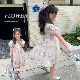 女童夏款连衣裙2024儿童短袖紫玫瑰公主裙女孩宝宝夏装连衣裙