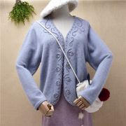 外贸原单秋冬天蓝色钉珠安哥拉兔毛，短款开衫外套针织，毛衣女(毛衣女)q147