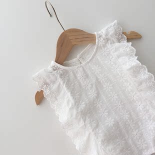 韩版甜美女童衬衫夏装白色宝宝花朵刺绣花边无袖上衣公主儿童衬衣