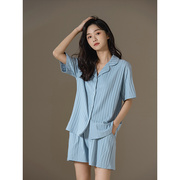 睡衣女2023年夏季纯棉薄，款短袖纯色条纹，浅蓝色开衫翻领家居服