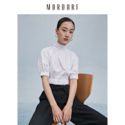 mordorf衬衫女时尚，别致高领缩褶高腰，泡泡袖原创设计