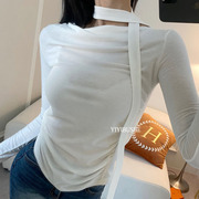 韩国 MT569优雅气质女人味~性感飘带褶皱修身长袖T恤