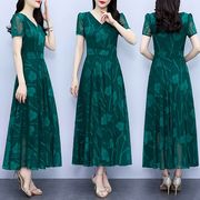 墨绿色裙子质感高级感连衣裙2024夏装显瘦雪纺提花裙气质大摆长裙