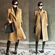 韩版秋冬时尚皮扣立领大衣羊绒，修身黑色中长款通勤纯色毛呢外套女