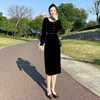2023秋季法式赫本长裙，黑色高级感气质，金丝绒长袖显瘦连衣裙女