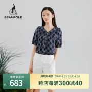 BEANPOLE滨波 女士春夏天蓝藏青色可爱休闲通勤棉混纺格纹V领衬衫