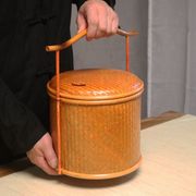 竹制大漆提篮食盒圆形中式茶具收纳筐普洱茶收纳盒茶饼盒点心盒