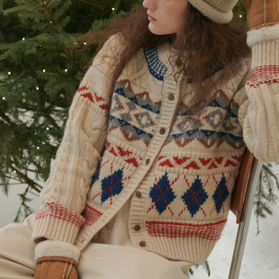 一方二集 复古圣诞新年氛围冰岛全羊毛粗棒针织开衫毛衣