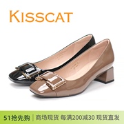 kisscat接吻猫2024方头粗跟搭扣浅口牛皮，女单鞋ka43601-12