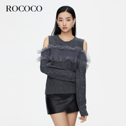 ROCOCO2023商场同款秋季性感露肩毛衣女蕾丝拼接设计感羊毛衫