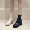 法式小短靴女春秋单靴2022粗跟高跟大码弹力，瘦瘦切尔西马丁靴