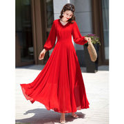 大红色雪纺沙滩裙超长款，春季连衣裙海边度假长袖大摆超仙长裙