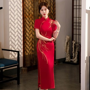 2023春夏季女士斜襟长款修身真丝旗袍短袖，走秀红色宴会礼服