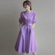 气质优雅紫色衬衫连衣裙女2023年夏季高腰显瘦过膝短袖长裙子