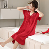 红色睡裙女夏季纯棉，短袖睡衣裙，2023年夏天薄款丝光棉中裙子