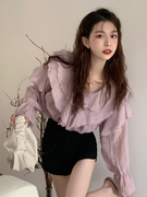 紫色雪纺长袖衬衫女设计感小众春秋2023不规则叠穿法式荷叶边上衣
