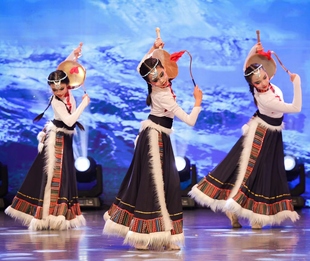 藏族舞蹈演出服装儿童藏服表演服帽子，少数民族舞头饰女半身裙