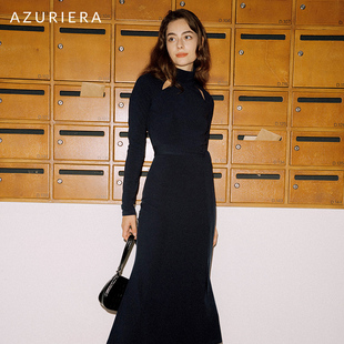 AZURIERA法式深蓝色天丝针织连衣裙镂空设计收腰修身长款毛衣裙