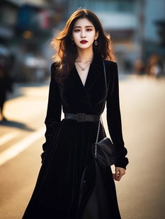 赫本风收腰黑色丝绒连衣裙，高端气质超好看聚会生日礼服长裙子秋冬