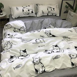 ins韩式卡通学生，宿舍三件套磨毛1.5四件套，可爱小猫咪被套床上用品