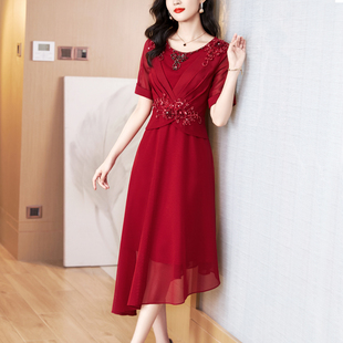 红色雪纺礼服连衣裙，女2024年夏季高端名媛，气质中式风宴会晚服