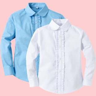 女童花边衬衫中大童，纯棉白色圆领校服，学生儿童女孩天蓝色长袖衬衣