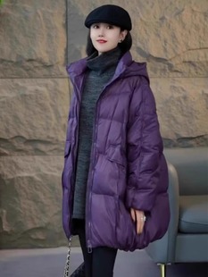 冬季中长款紫色连帽羽绒棉服女欧洲站面包服休闲加厚棉衣外套女潮