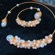 原创欧美天然异形珍珠项圈手圈套装手作绕线丝14K注金巴洛克项链