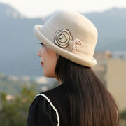 女士洋气时尚羊毛帽子秋冬季保暖防风卷边小盆帽复古优雅花朵盆帽