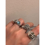 欧美朋克风金属质感圆珠球串珠，戒指复古天然石蓝水晶镶嵌开口指环