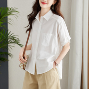 夏季白衬衫女中袖中长款宽松上衣韩版时尚设计感纯棉衬衣