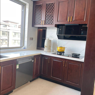 新中式实木橱柜餐边柜整体，开放式厨房灶台石英石岩，板台面全屋定制