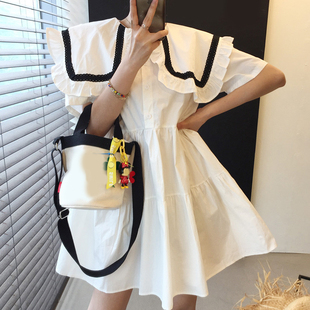 韩国chic夏季法式复古大翻领单排扣宽松百搭短袖小个子娃娃连衣裙