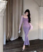 紫色吊带连衣裙女夏季辣妹性感包臀长裙修身收腰纯欲鱼尾裙子