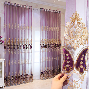高档贴绒绣花客厅阳台书房，餐厅欧式紫色，成品别墅落地窗窗纱帘