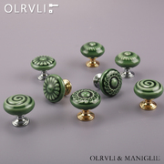 olrvli复古中式绿色陶瓷小拉手，金色银色欧式橱柜抽屉圆形田园拉手