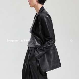 Songmont山下有松绵羊皮黑色皮衣2023高级感设计师款女外套