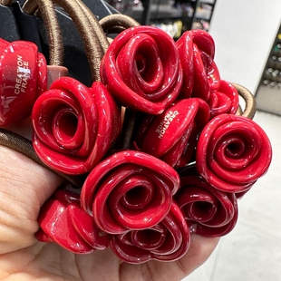 韩国france亚克力法式玫瑰花朵，发圈高马尾(高马尾，)头绳丸子头皮筋发绳金标