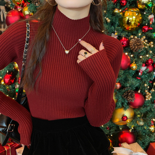 圣诞红色毛衣女秋冬2024半高领打底衫内搭高级感针织新年上衣