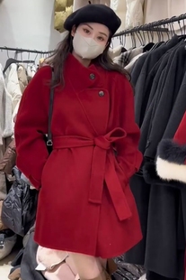 过年红色双面羊绒，大衣女短款秋冬系带，修身显瘦立领羊毛呢外套