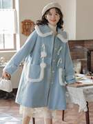 女装2023冬季蓝色毛呢外套宽松中长款加厚小个子呢子大衣甜美