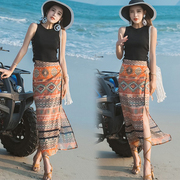 波西米亚沙滩裙民族风，复古半长裙一片式高腰，开叉泰国花半身裙子女